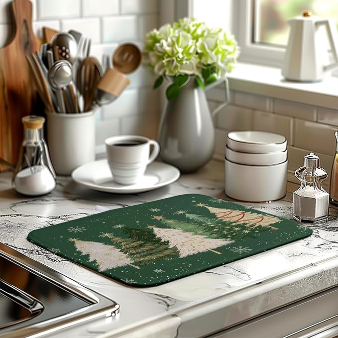 Green Christmas Tree Snowflakes Dish Drying Mat - Image 6