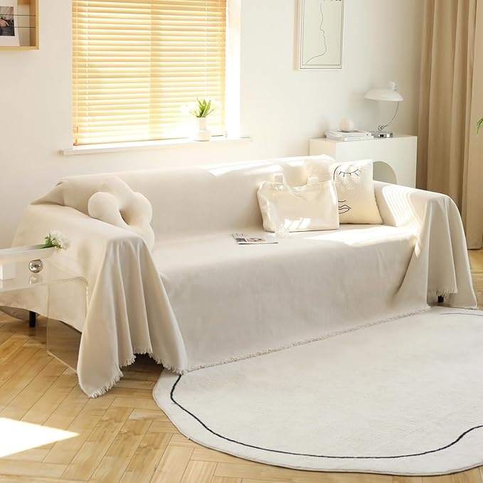 MEETSKY Oversized Couch Cover Sofa Cover for 3 Cushion Couch Sofa ，Washable Sofa Covers for Living Room Sectional Sofa Covers for Dogs Couch Protector, 91" x 150", Beige