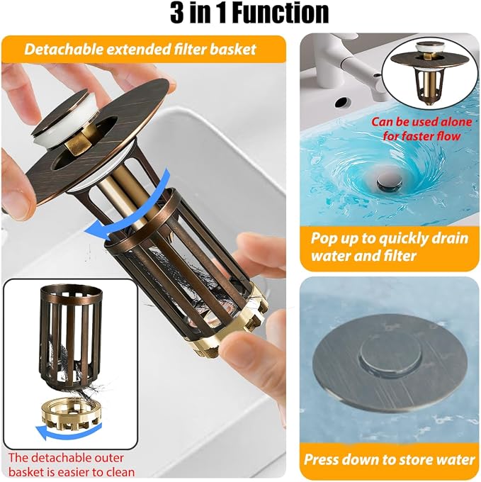 3 in 1 Pop Up Bathroom Sink Stopper, Bathroom Sink Drain Strainer, - Image 3