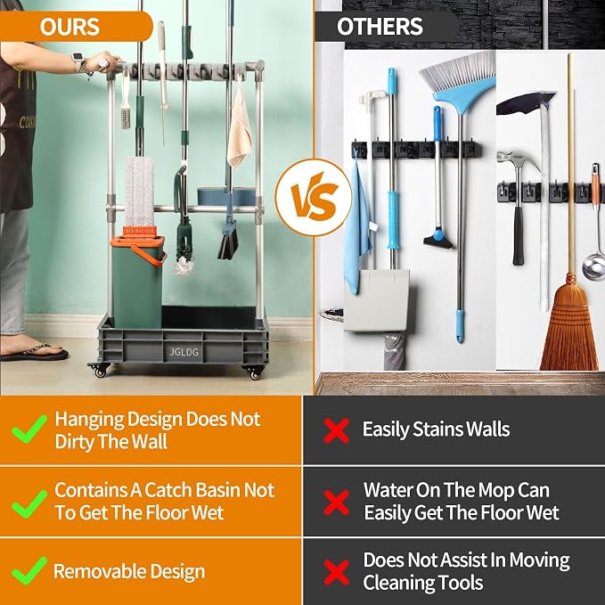 Broom mop Holder Cleaning Supplies Organizer Janitor carts on Wheels - Image 4