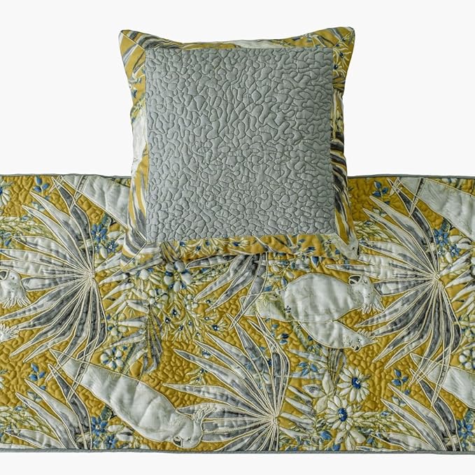 The HomeCentric King/Queen/Twin Grey & Yellow Decorative Twin 53"x18" Bed Runner Without Pillow Cover, Cockatoo Bird & Quilted Bed Scarf on Cotton Fabric - Cockatoo Love