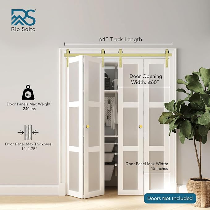 Rio Salto Gold Bifold Sliding Barn Door Hardware Kit Heavy Duty Metal Track - Image 2
