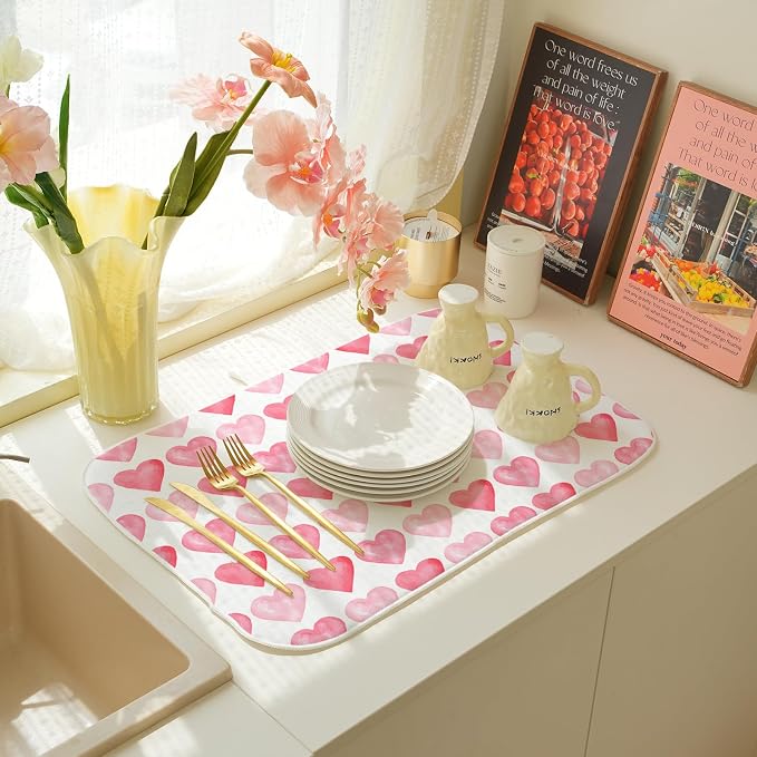 Valentines Day Dish Drying Mats 18x24 Inch Love Pink Heart Drying Mats - Image 6