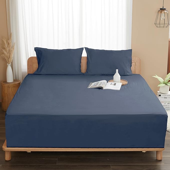 Sunflower California King Fitted Sheet, 1-Piece Deep Pocket Fitted Bottom Sheet 16", 100% Cotton Sateen Soft Breathable, Blue Indigo