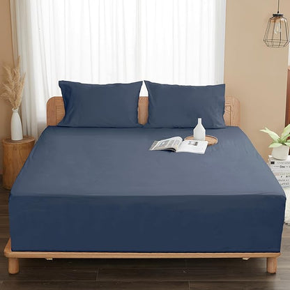 Sunflower California King Fitted Sheet, 1-Piece Deep Pocket Fitted Bottom Sheet 16", 100% Cotton Sateen Soft Breathable, Blue Indigo