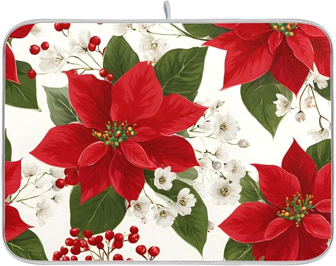 Red Poinsettias with Holly Dish Drying Mat by OTVEE