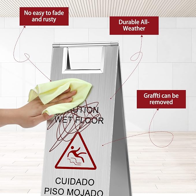 LEIFIDE Stainless Steel Wet Floor Caution Sign Bulk 8.8 Pound Portable Foldable - Image 3