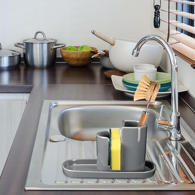 Geelin 3 in 1 Ceramic Kitchen Sink Caddy Dish Sponge Holder Scrub Brush Holder - Image 6