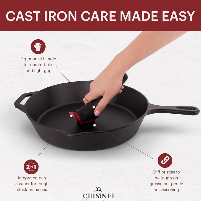 Cuisinel Cast Iron Scrubber Cleaning Brush + Pan/Grill Scraper - Image 4