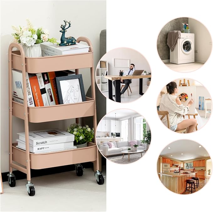 AGTEK Makeup Cart, Movable Rolling Organizer Cart, 3 Tier Metal Utility Cart - Image 5
