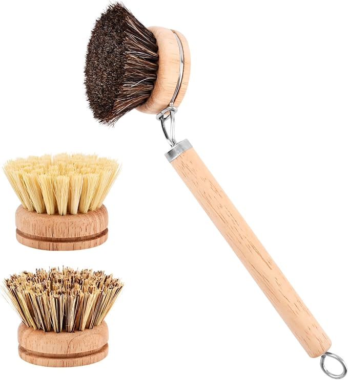 Bamboo Dish Brush with Handle, Wooden Handle with 3 Natural Bristle Heads by Unknown