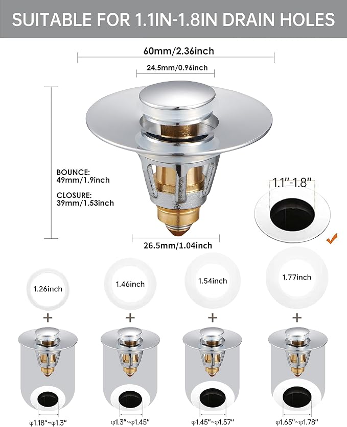 Fransiton Bathroom Sink Stopper, 1.1-1.77 Inch Basin Pop Up Sink Drain Stopper - Image 2