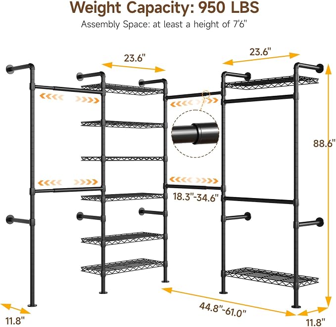 ONBRILL L4 Wall Mounted Industrial Pipe Clothing Rack, Closet Organizer System - Image 3
