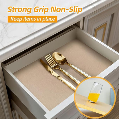 Shelf and Drawer Liner for Kitchen Cabinets Non-Adhesive, Strong Grip Non-Slip Thickened Cabinet Liners for Shelves, Waterproof Mats for Dresser Cupboard, Khaki, 17 in x 10 Feet