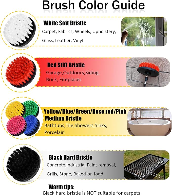 8 Pack Drill Brush Attachment Set, 1/4in Power Scrubber Brush + Extend Long Rod - Image 3
