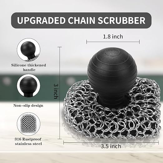 Cast Iron Scrubber with Pan Scraper, 316 Chainmail Scrubber, Upgraded Chain - Image 4
