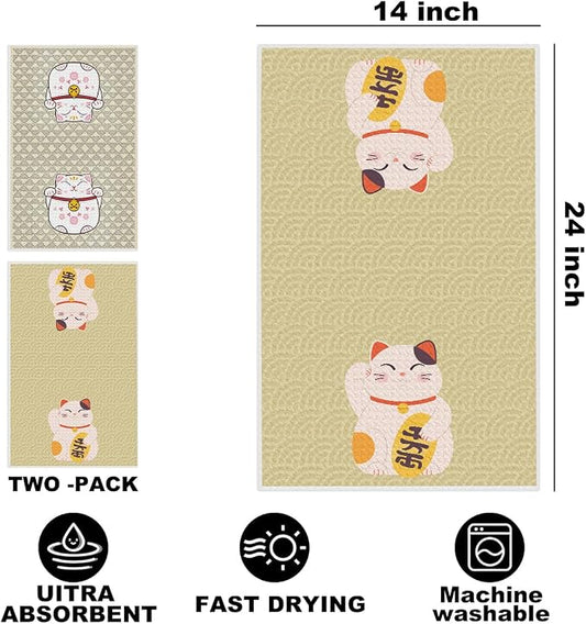 2 Pcs Japanese Lucky Cat Kitchen Towels 24x14 Inch, Maneki Neko Gifts Reusable - Image 2