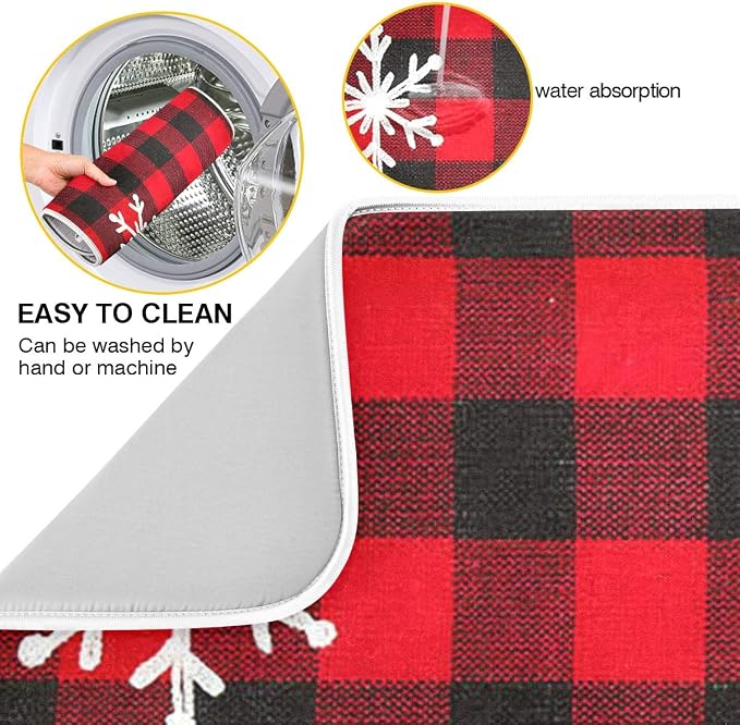 Christmas Red Plaid Snow Snowflake Dish Drying Mat 18x24 inch Red Black Lattice - Image 2