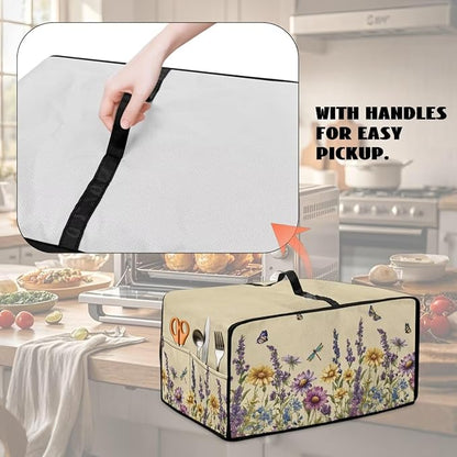 Convection Toaster Oven Cover with Side Pockets, Dust-Proof Smart Microwave Oven Protector for Countertop Decorations, S, Floral Butterfly Dragonfly