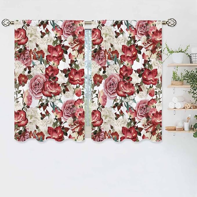 Vintage Floral Kitchen Curtains Red Pink White Peony Roses Bouquet Short Tier - Image 5