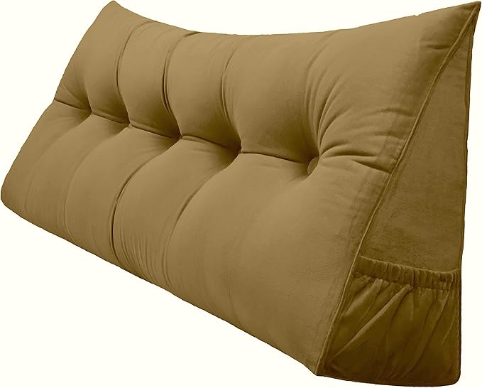 Triangular Reading Bed Rest Pillow Large Bolster Cushion Headboard Backrest Wedge Pillow with Removable Cover and Two Large Side Pockets (Golden Brown, California King: 71 x 8 x 20 inches)