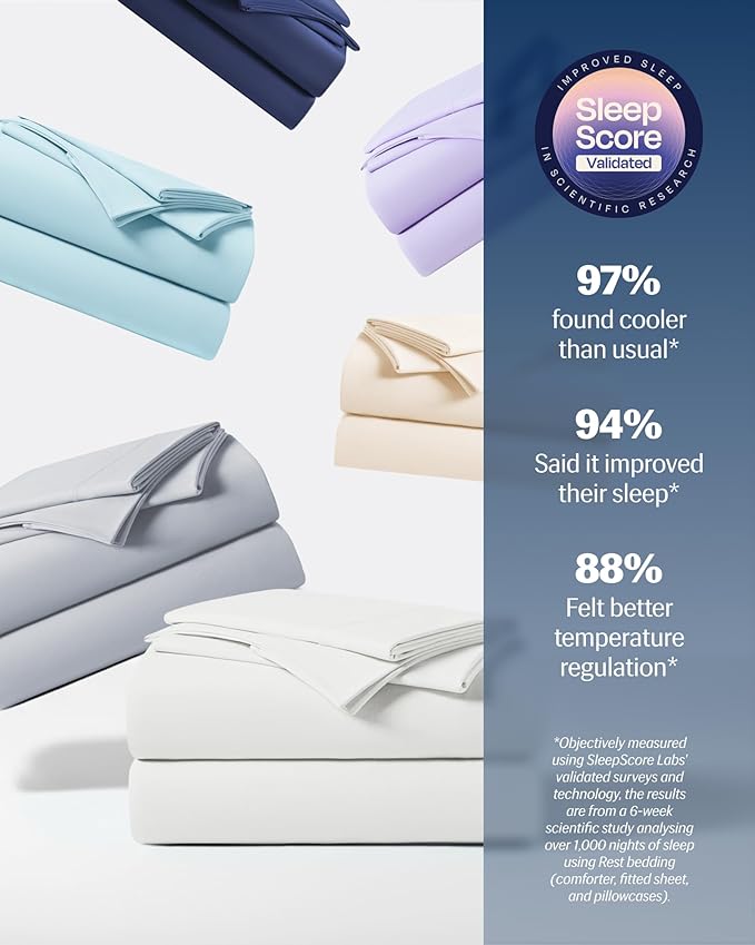 REST® Evercool®+ Cooling Sheet Set, Cali King, Arctic White, Breathable Bed Sheets for Hot Sleeper and Night Sweats, with Pillowcases, with Ionic+ Self-Cleaning Silver Yarn for Sensitive Skin, 4PCS