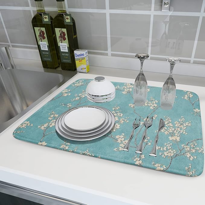 Teal Turquoise Dish Drying Mat for Kitchen Counter Spring Floral Drying Mat 18 - Image 7