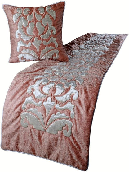 The HomeCentric Luxury Peach & Ivory Full 68 x 18 inch Bed Runner with 2 Pillow Cover, Velvet Applique Bed Scarf, Abstract Modern - Peach Elegance