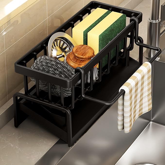 Kitchen Sink Organizer with Drain Tray, Sponge Holder, Brush Storage, - Image 3