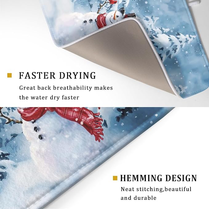 Blue Snowman Dish Drying Mat Winter Pine Tree Drainer Rack Mats 18x24 Inch - Image 3