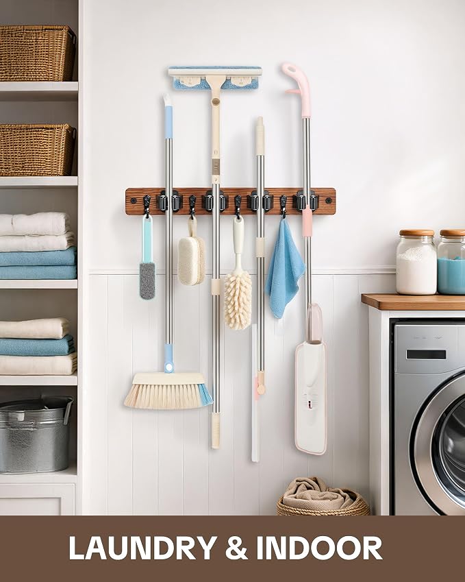 Lorbro 2 Pack Broom Holder Wall Mount, Wooden Broom and Mop Organizer Wall - Image 4