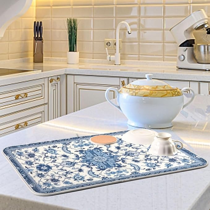 Dish Drying Mat Kitchen Counter Absorbent Blue and White Pattern Coffee Sink - Image 6
