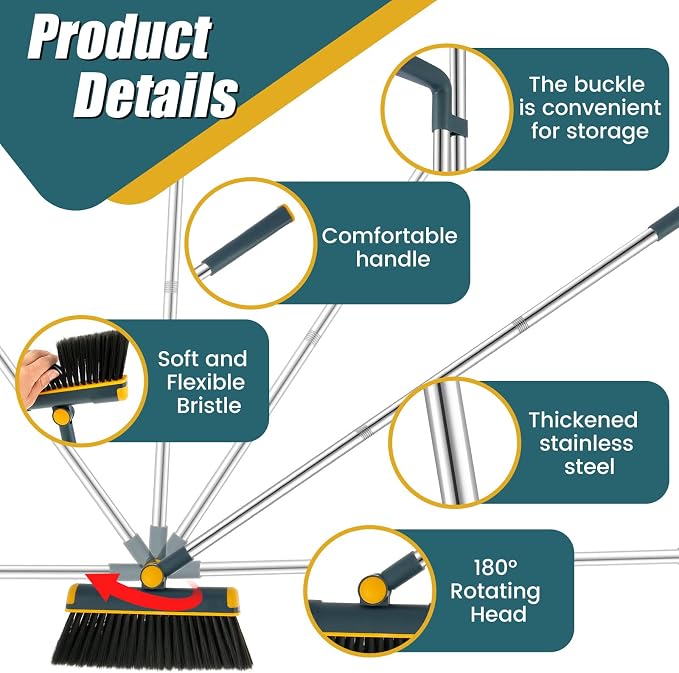 Broom and Dustpan Set for Home, 180° Rotating Broom Combo, Foldable Standing - Image 2