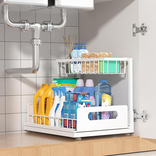 Under Sink Organizer 2 Tier, Pull Out Drawer Slides Under Sink Storage by MERATIA