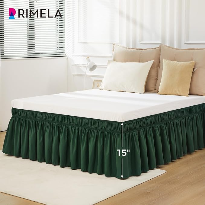 RIMELA Dark Green Bed Skirt Queen Size 15 Inch Drop, Elastic Bed Skirting for Bed Base and Frame, Bedding Dust Ruffle Easy to Install,Wrap Around Adjustable Bedskirt,Christmas Bedroom Decor