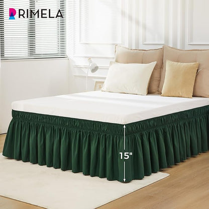 RIMELA Dark Green Bed Skirt Queen Size 15 Inch Drop, Elastic Bed Skirting for Bed Base and Frame, Bedding Dust Ruffle Easy to Install,Wrap Around Adjustable Bedskirt,Christmas Bedroom Decor
