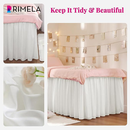 RIMELA Dorm Bed Skirt Twin XL 32 Inch Drop, Easy to Install Extra Long Wrap Around Elastic Dust Ruffle, Warm White Bedskirt Solid Silky Fabric Machine Washable (Twin XL 80“L x 39”W & Twin 75“L x 39”W)