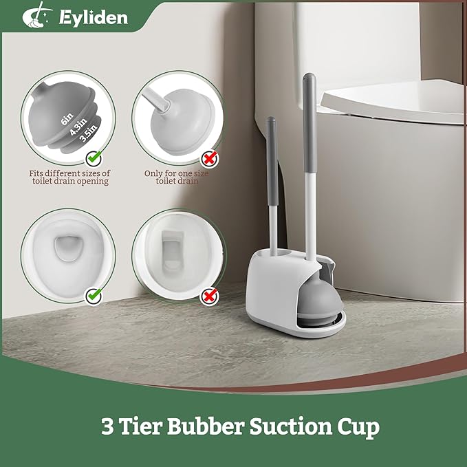 Eyliden Toilet Plunger & Brush Set, Upgrade 3-Step Suction Cup - Image 2