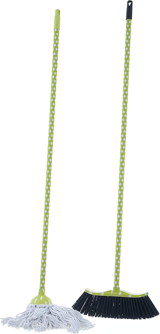 Superio Cotton Mop and Broom Set, Light Green Polka Dot Print Design, Superior by Superio