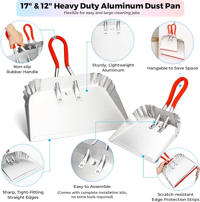 2 Pack Metal Dust Pan 17" and 12", Aluminum Heavy Duty Dust Pans - Image 2