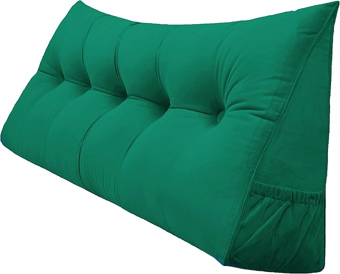 Triangular Reading Bed Rest Pillow Large Bolster Cushion Headboard Backrest Wedge Pillow with Removable Cover and Two Large Side Pockets (Green, Queen: 59 x 8 x 20 inches)