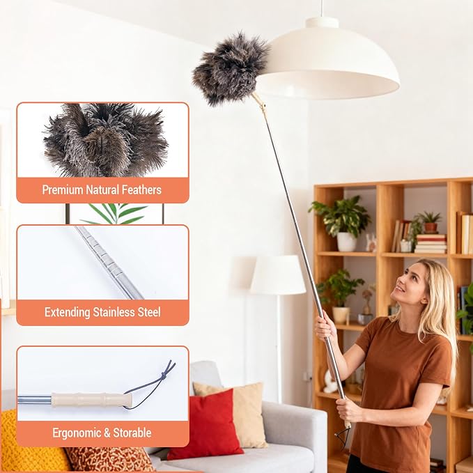 Extendable Ostrich Feather Duster, Natural Ostrich Feathers Long Handle Duster - Image 3