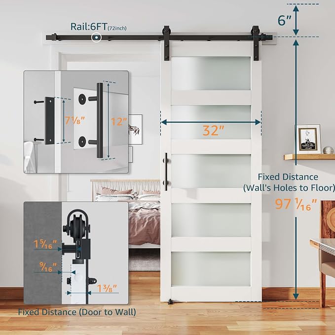 32'' x 96'' Glass Barn Door and 6 Ft Hardware Kit Included, MDF White Barn Door - Image 2