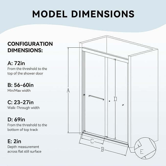 56-60" W x 70" H Semi-Frameless Double Sliding Shower Door, Bypass Bathroom - Image 2
