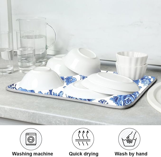 Blue White Porcelain Peony Dish Drying Mat - Image 7