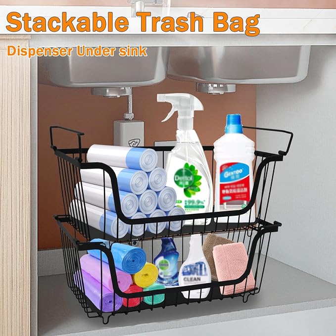 2 Pack Cleaning Supply Caddy and Trash Bag Holder Stand Set, Stackable Wire - Image 4