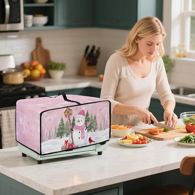 Convection Oven Dustproof Cover with Pockets Washable Toaster Oven Cover Winter Small Appliance Accessories for Kitchen Countertop Christmas Decor, Snowman Cardinal Snowflake Tree Print, L