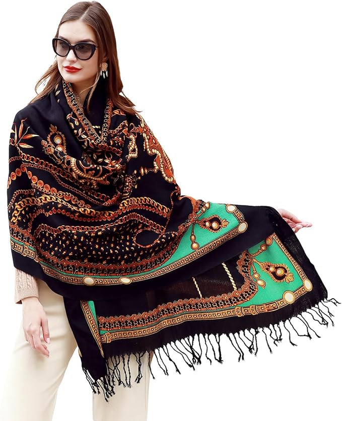 DANA XU 100% Merino Wool Extra Large Pashmina Blanket Travel Scarf Cashmere Wrap for Women Fall Winter Oversize Shawl Floral