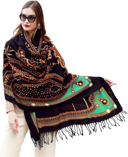 DANA XU 100% Merino Wool Extra Large Pashmina Blanket Travel Scarf Cashmere Wrap for Women Fall Winter Oversize Shawl Floral