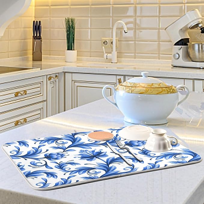 Tarity Blue Flowers White Dish Drying Mat - Image 6
